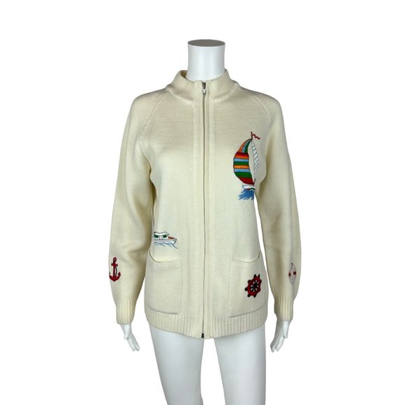 Vintage 80s Nautical Sweater Embroidered Sailboat Zip Up Cardigan - Picture 1 of 10